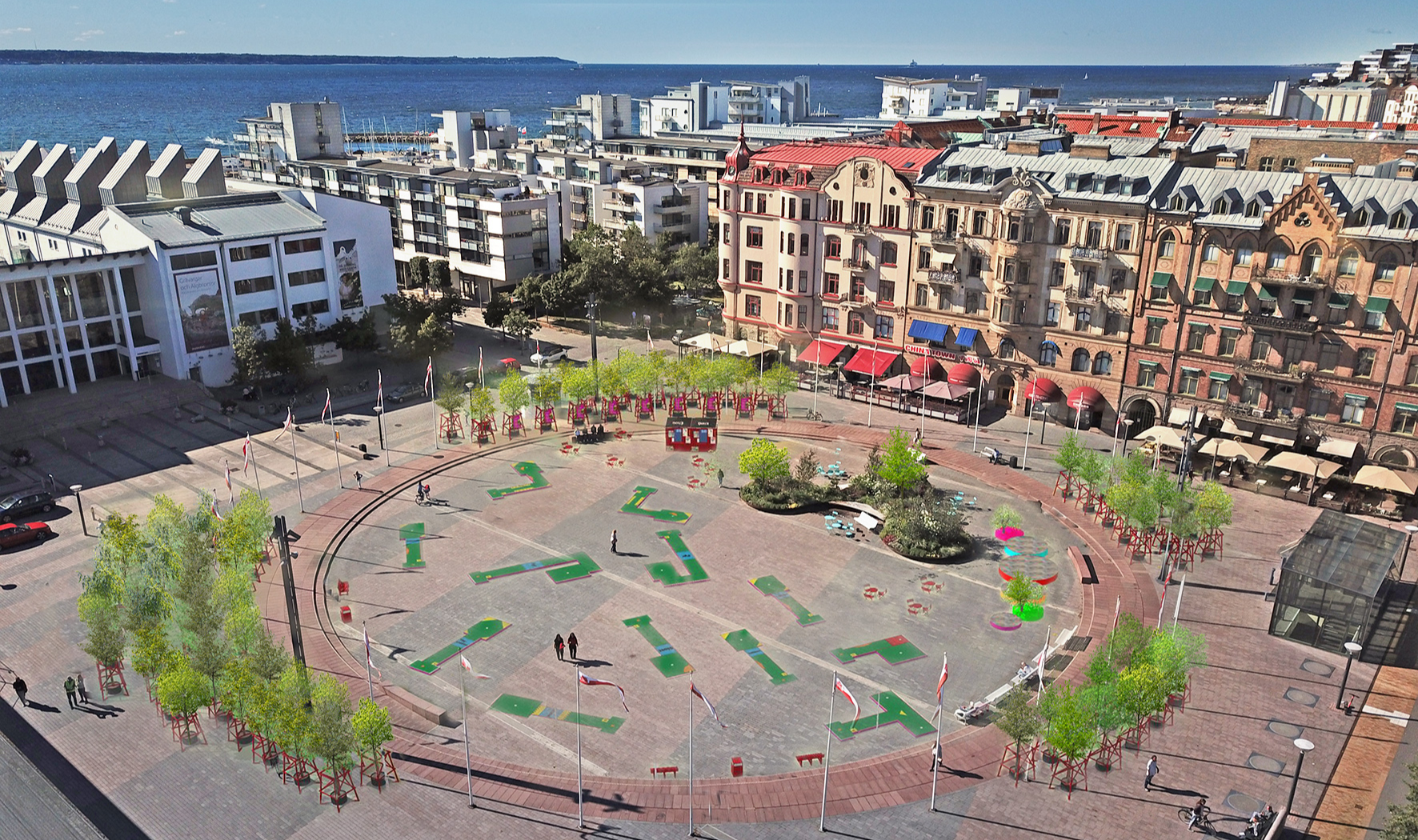 An areal photo of Helsingborg portable park. Minigolf and seating areas.
