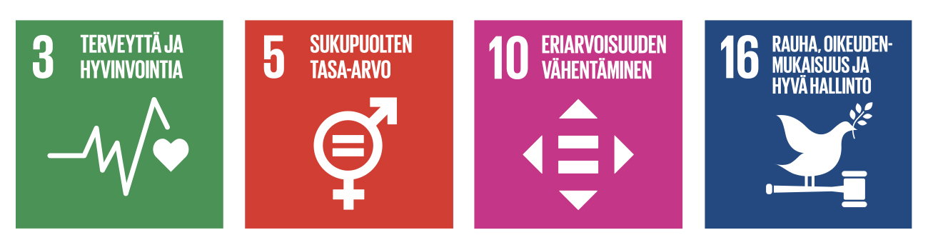YK:n kestävän kehityksen tavoitteet 3, 5, 10 ja 16