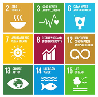 UN sustainable development goals 2, 3, 6, 7, 8, 12, 13, 14, 15