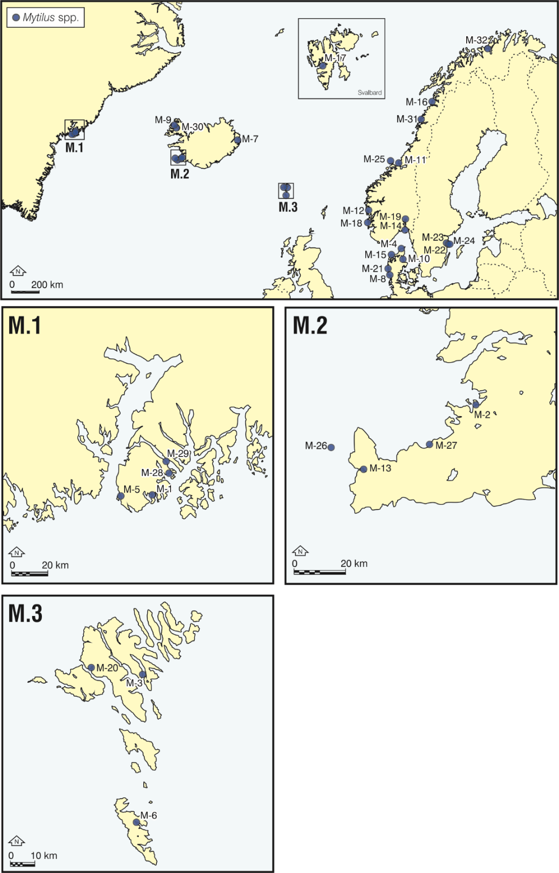 Maps with sites for blue mussel