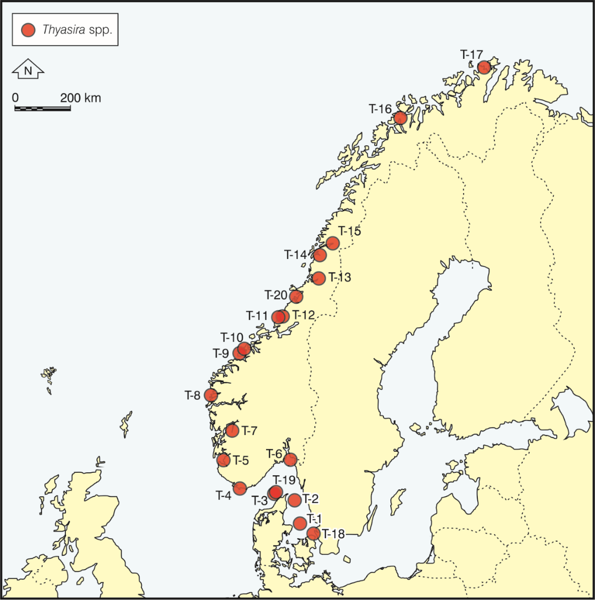 Map showing sites for samples