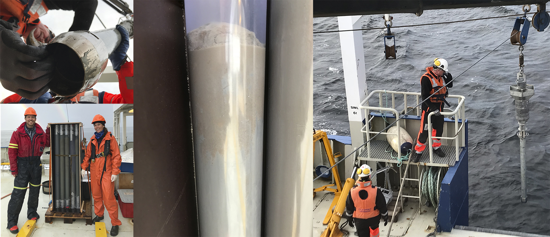 Four photographies showing the process of the sampling of sediments.