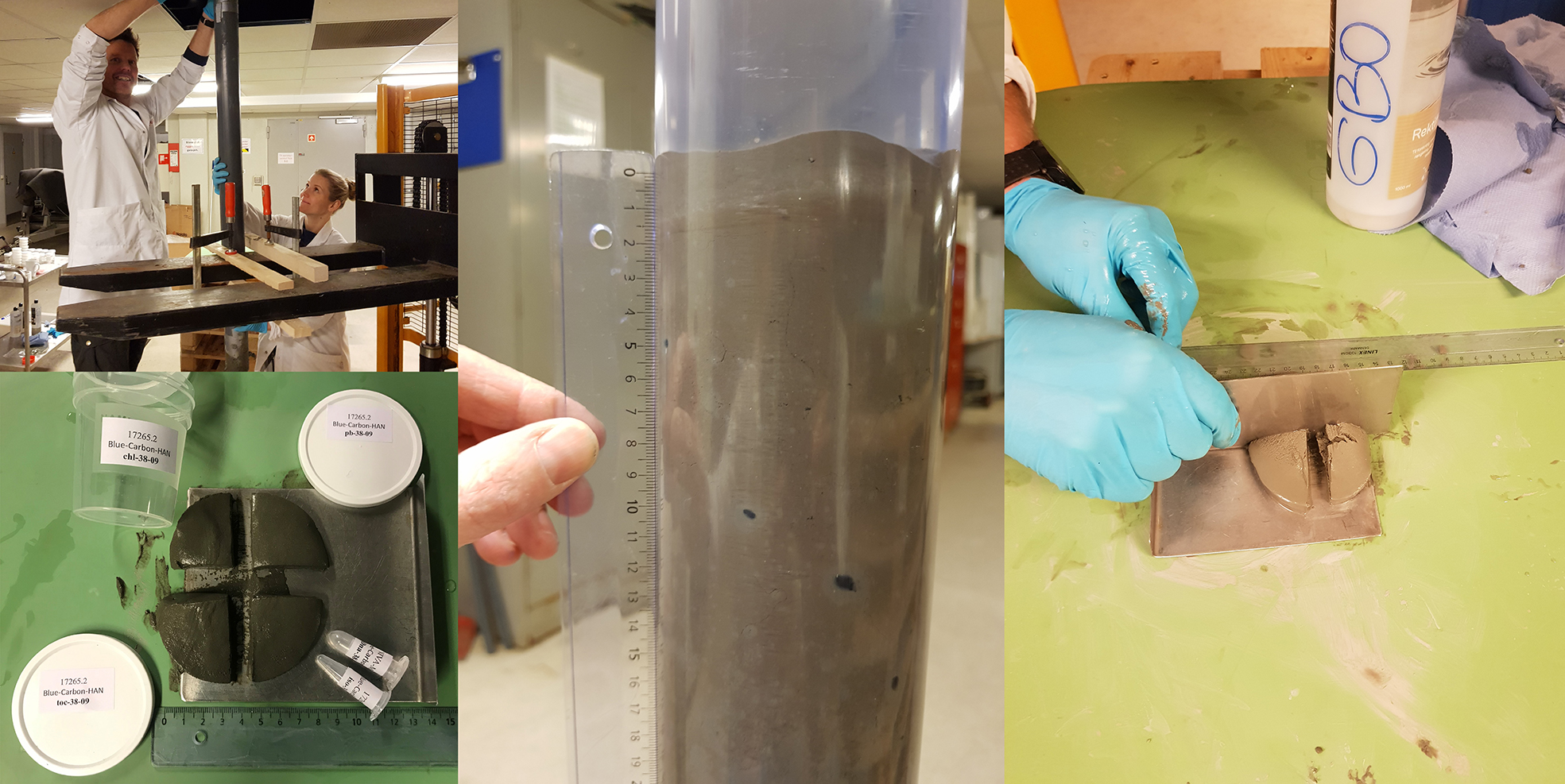 Four photographies showing the processing of a sediment core.