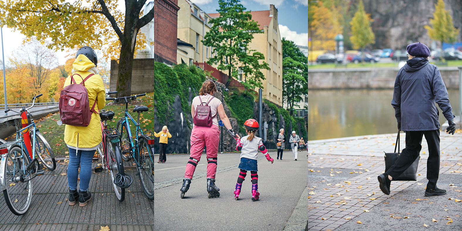 Collage of three pictures: woman with bicycle, woman and child on rollerblades and elderly woman walking