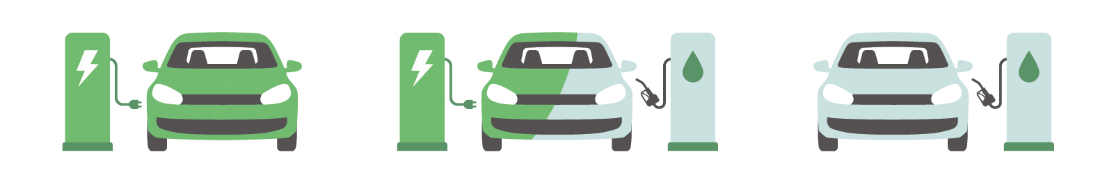 Info-graphics showing full electric car charging, plug-in hybrid car charging and tanking and combustion engine car tanking.