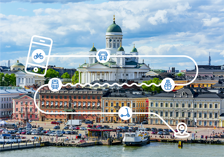 Picture from Helsinki with the info graphics from the Whim-app, showing different vehicles on a simple map.