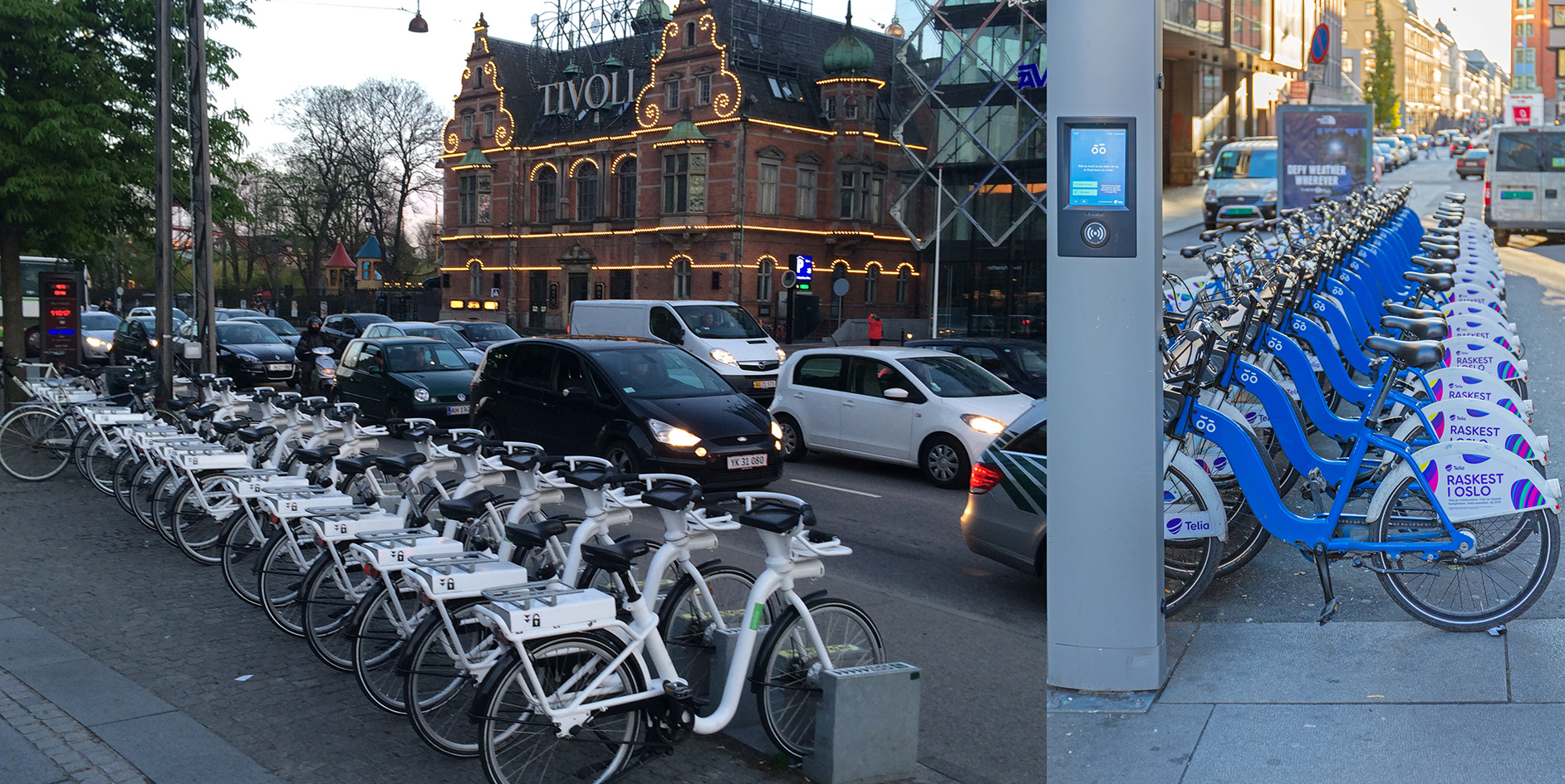 Collage of two pictures showing parked public bicycles in Copenhagen and in Oslo.