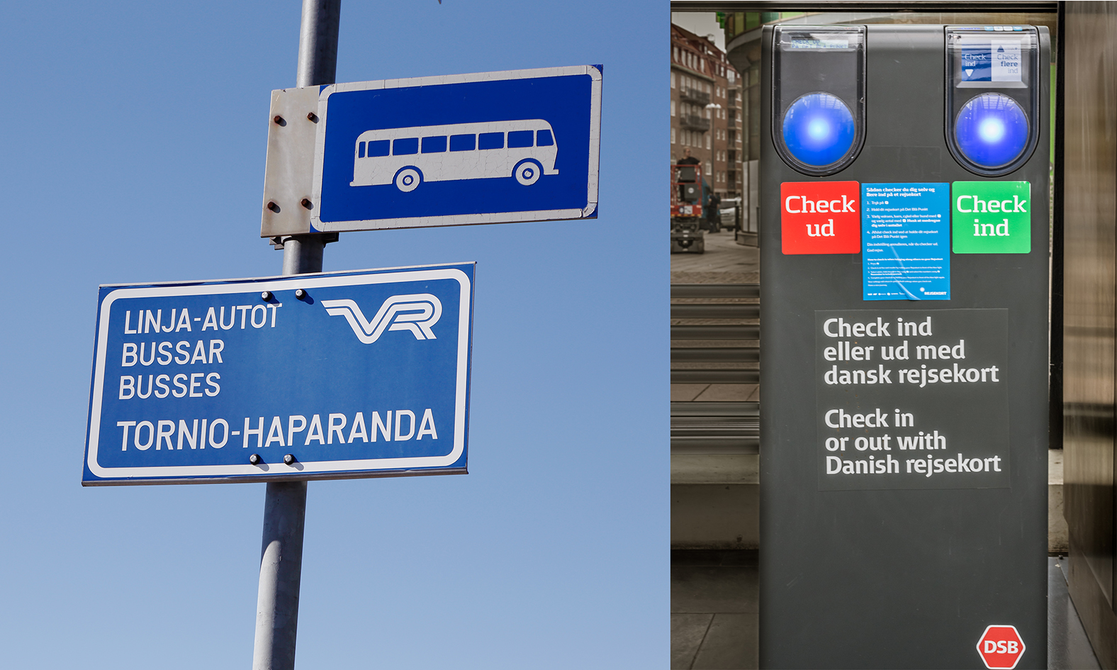 Collage of two pictures. Picture 1:bus station sign in Tornio-Haparanda, picture 2: ticket machine in Greater Copenhagen.