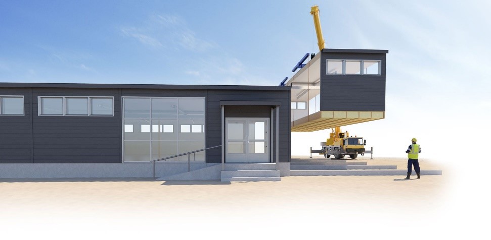 Computermade picture showing modular wooden constructions put on place with a crane.