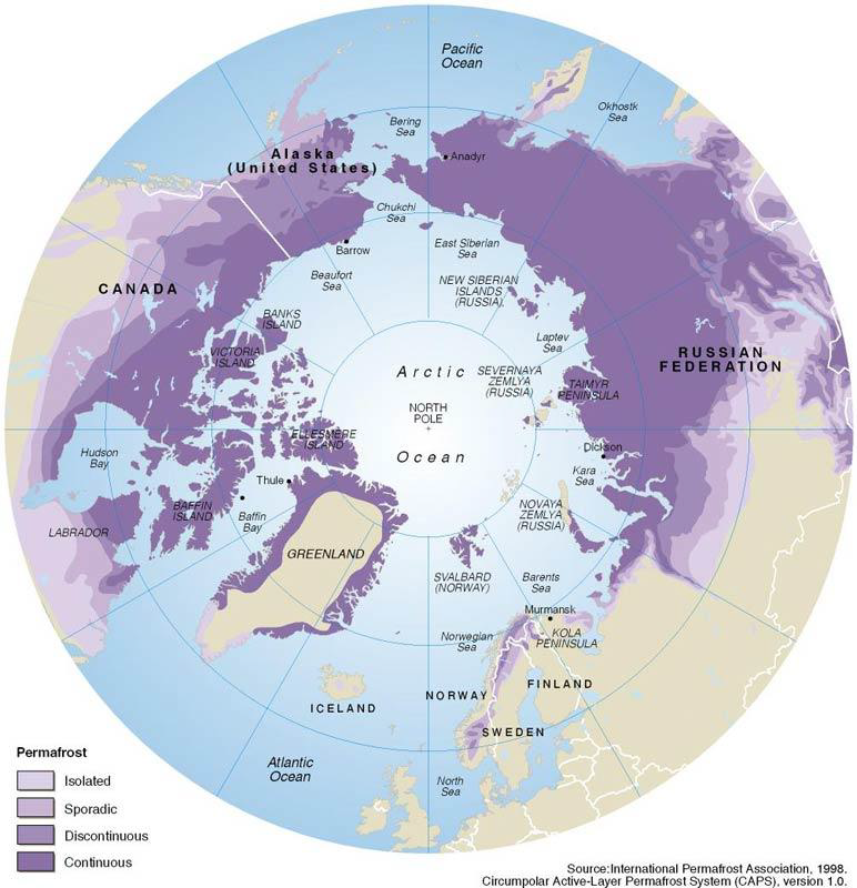 Map showing the North pole and surroundings.