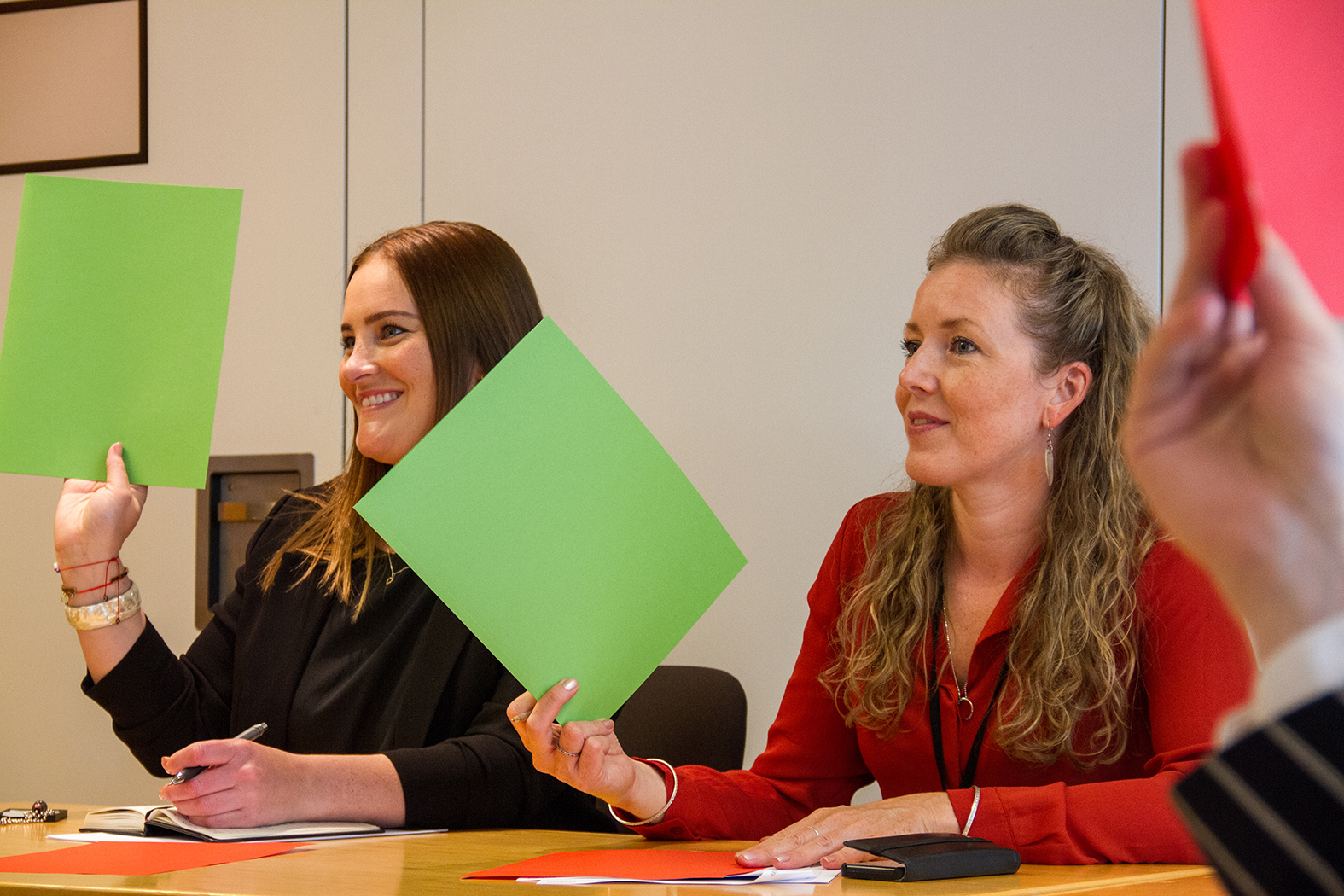 Two young women voting with green and red papers