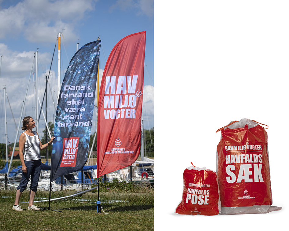 Collage, to billeder: dame som står ved siden af bannere hvorpå der er trykt 'havmiljø vogter' og sække til havaffald