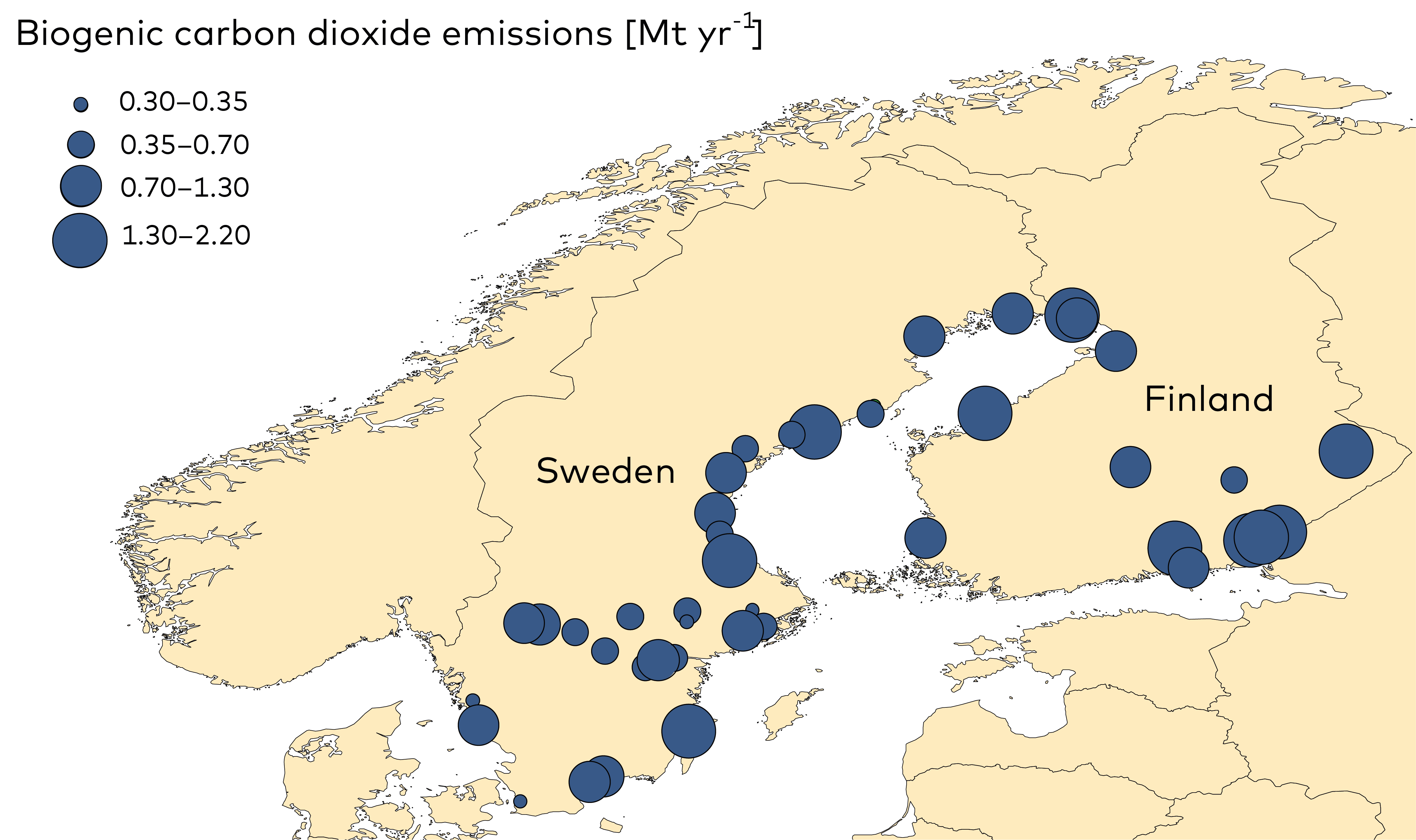 The map shows that several of the largest facilities in Sweden and Finland are situated along the coastline.