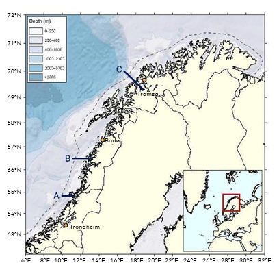 Map showing Northern natural geographical limits for the different fishes 