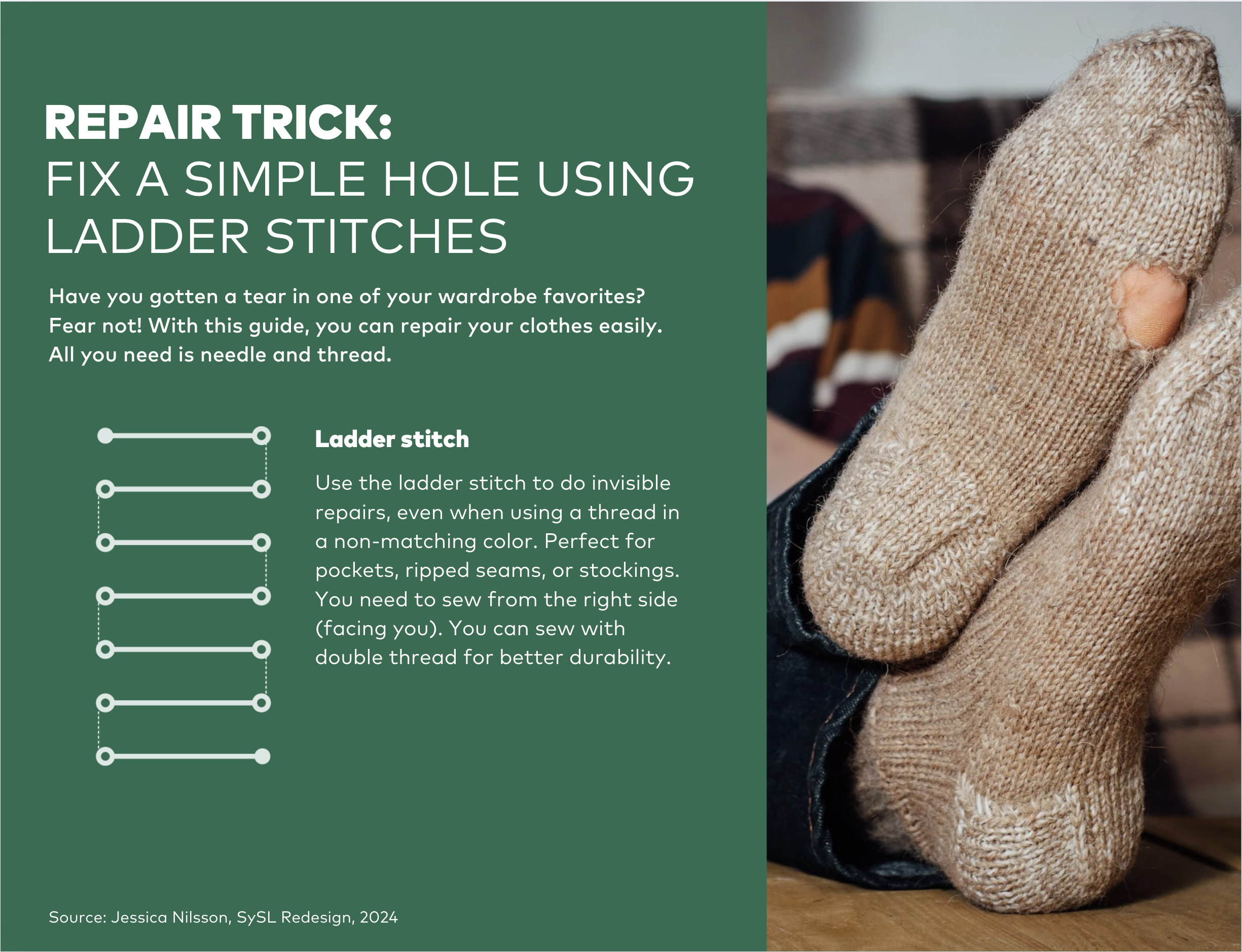 Infographic shows a repair trick on how to fix a hole using ladder stitches
