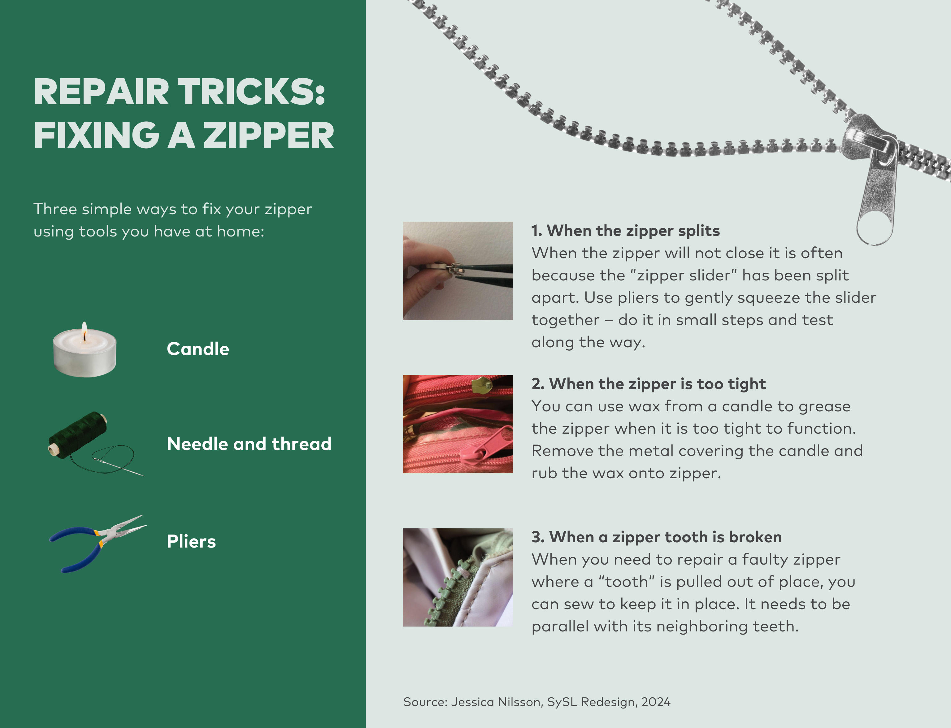 Infographic shows repair tricks for fixing a zipper with a candle, plier, needle and thread