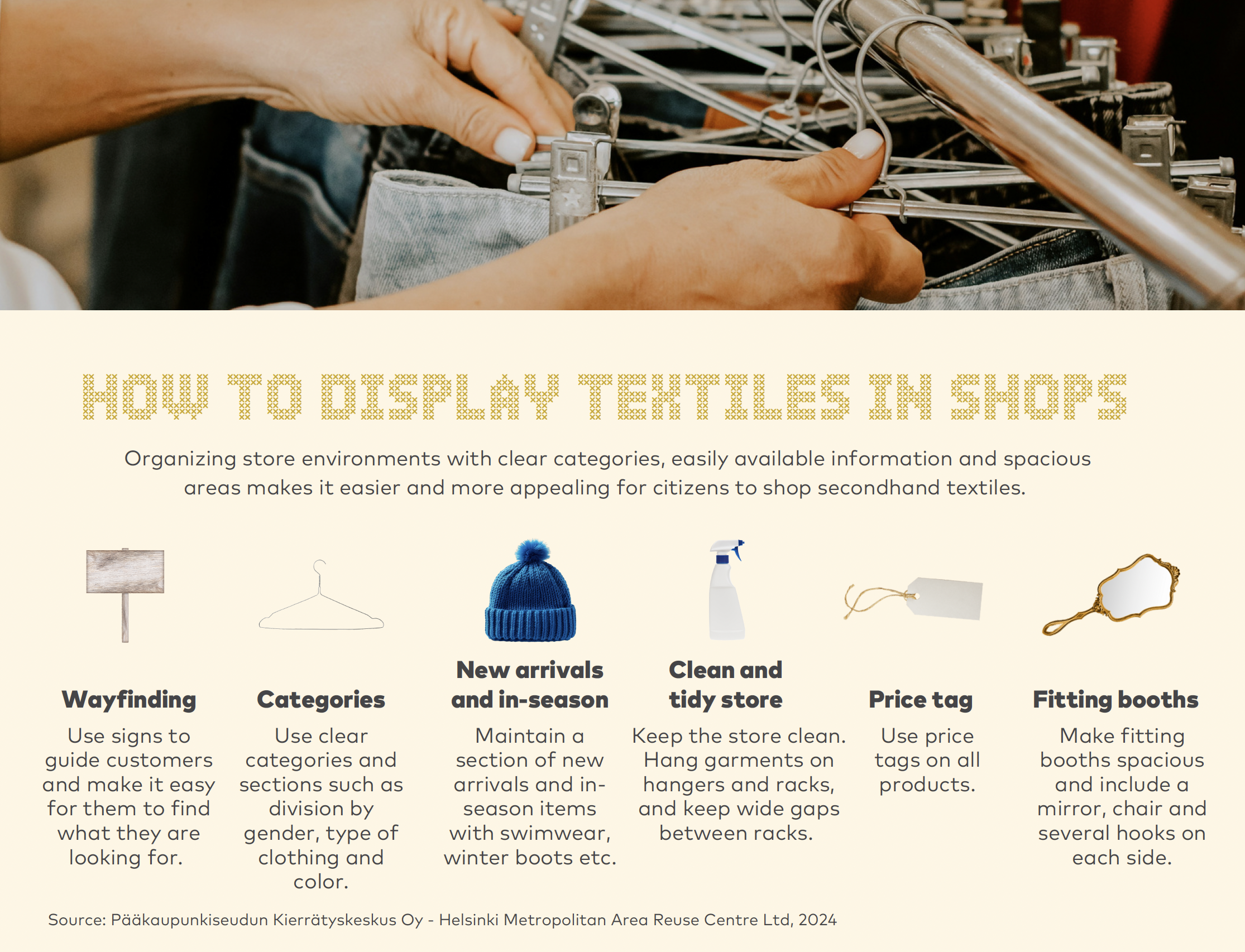 Infographic shows how to display textiles in secondhand shops in an appealing manner 
