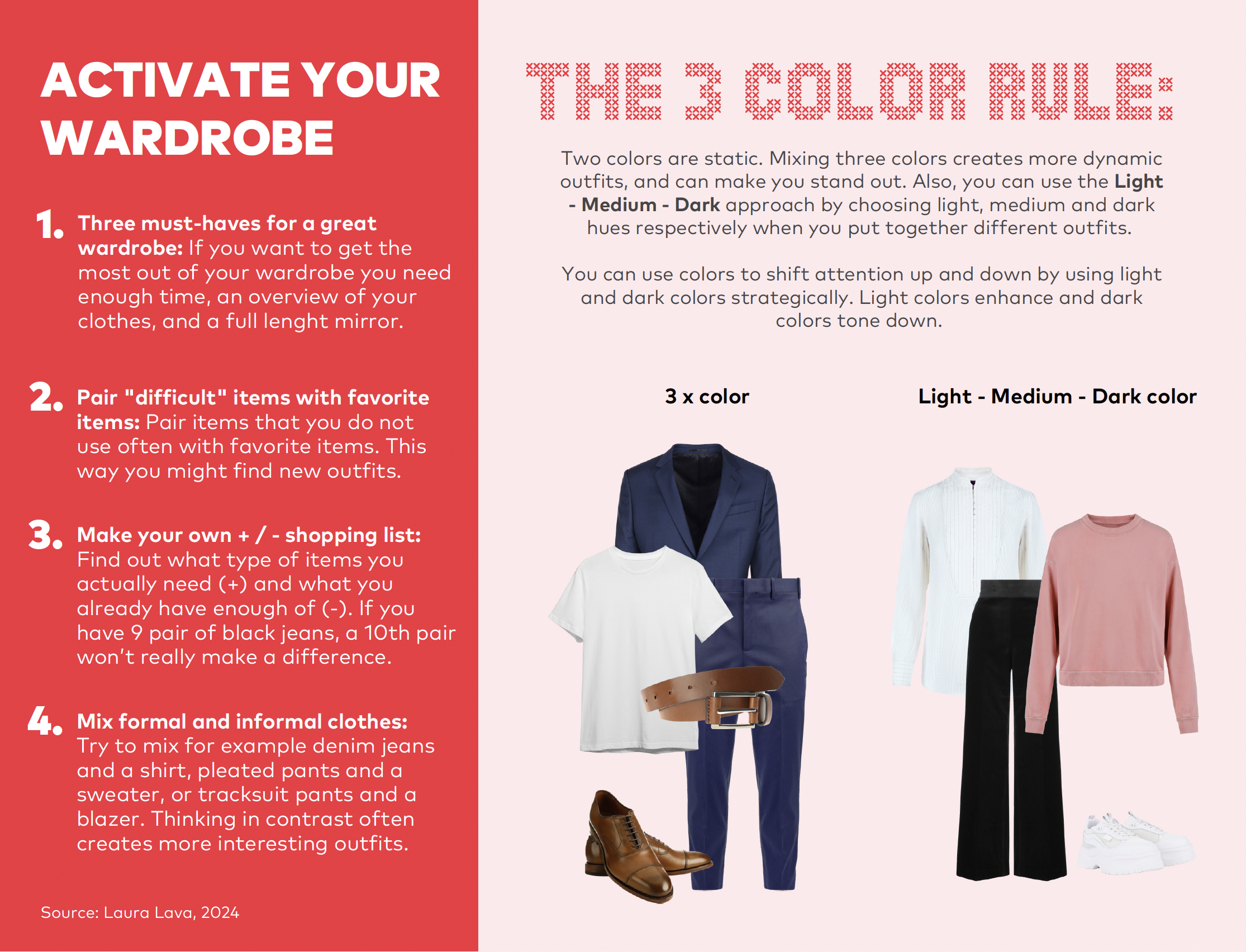 Infographic shows Laura Lava’s styling tips, e.g. the three color rule