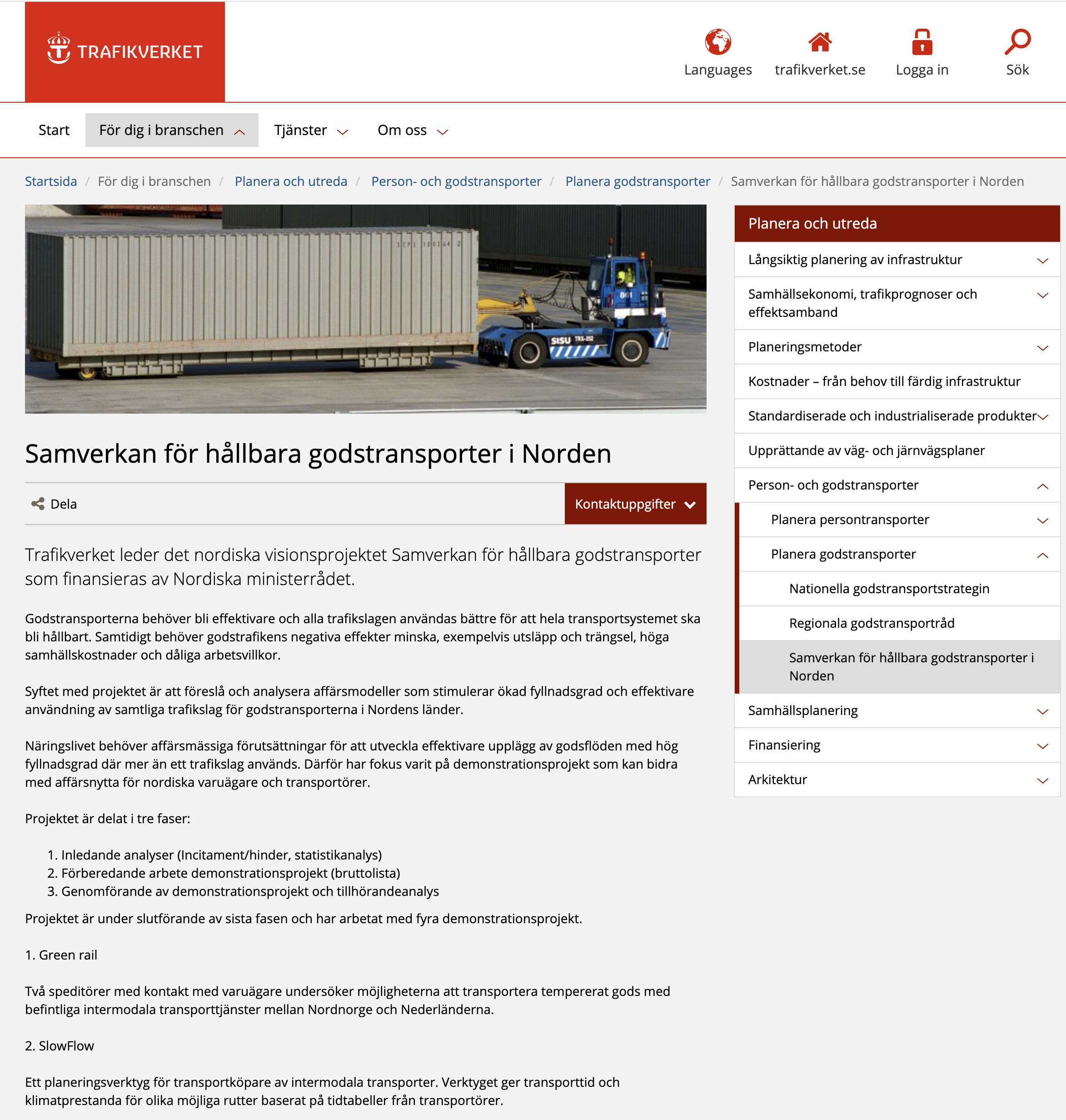Skärmdump från projektets hemsida där projektet kort presenteras. 