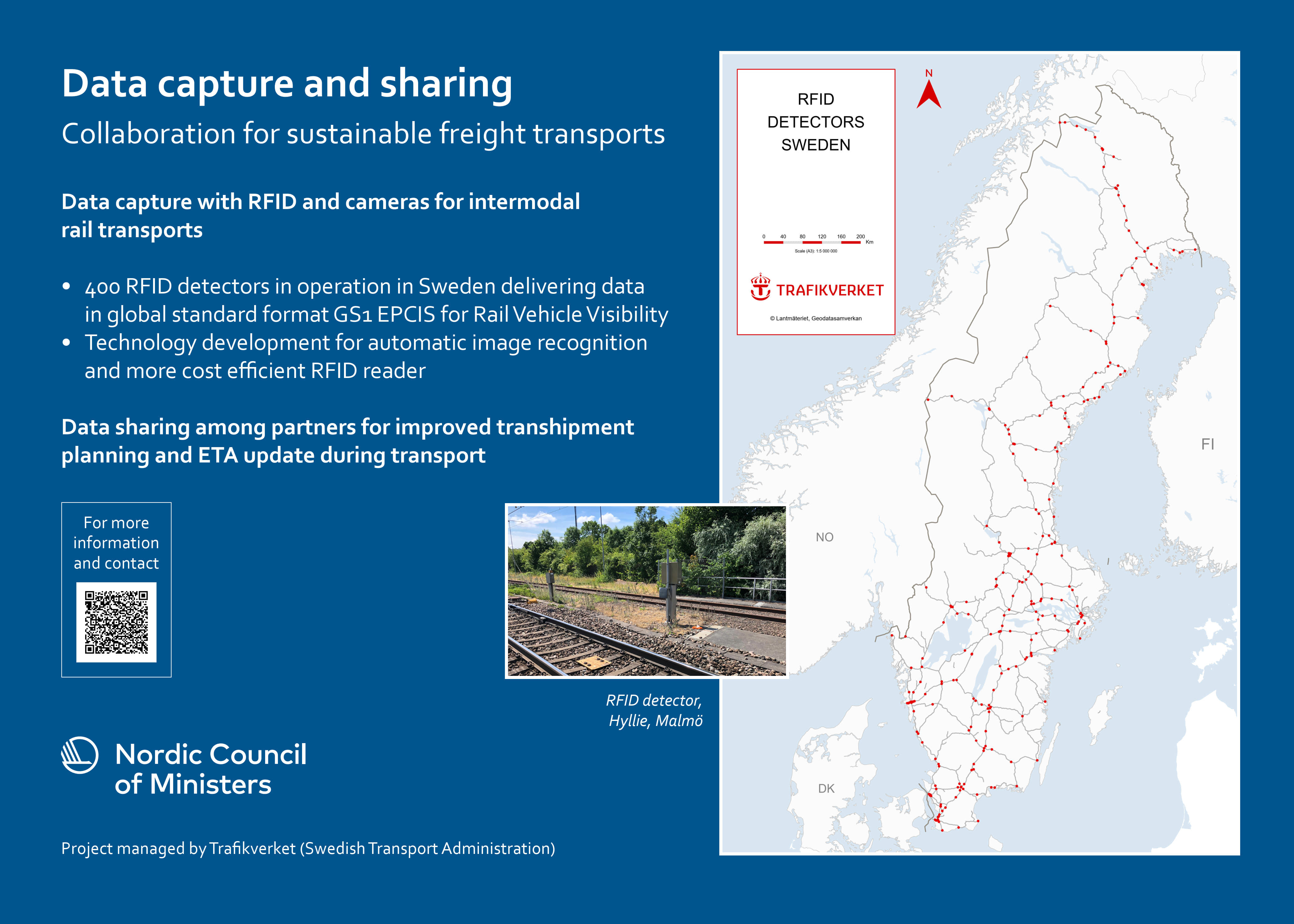 Poster för Green Rail där demonstratorns syfte och mål, och arbetsprocess anges samt transportuppläggets geografi. 